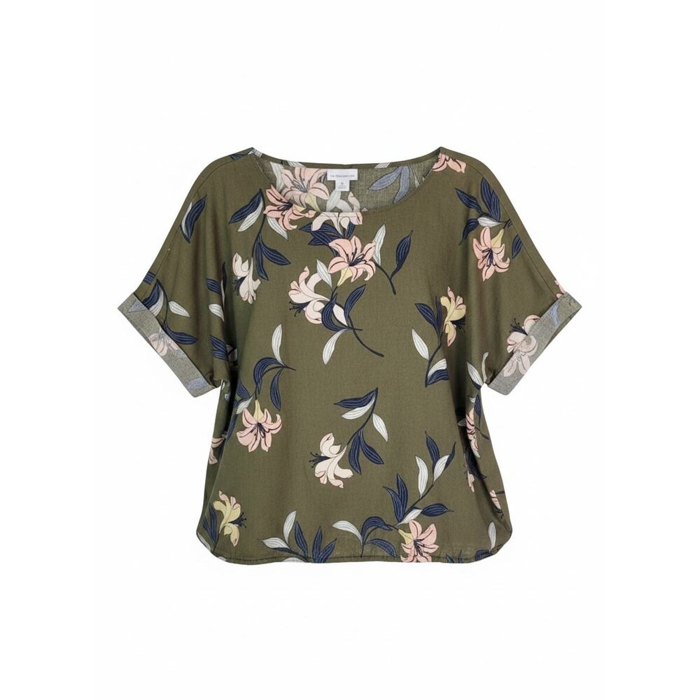 Liz Claiborne Linen Blend Olive Green Floral Lily Sleeveless Blouse Women's XL